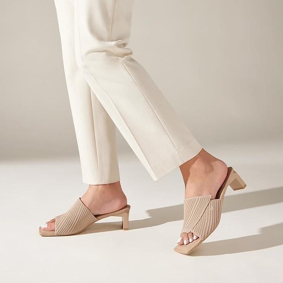 Vivaia Square Toe Knit Heeled Sandals Mules Beige Minimalist Chic Women Shoe 8.5 - Picture 3 of 9